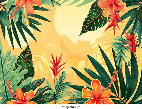 Tropical Floral Frame Illustration with Yellow Background