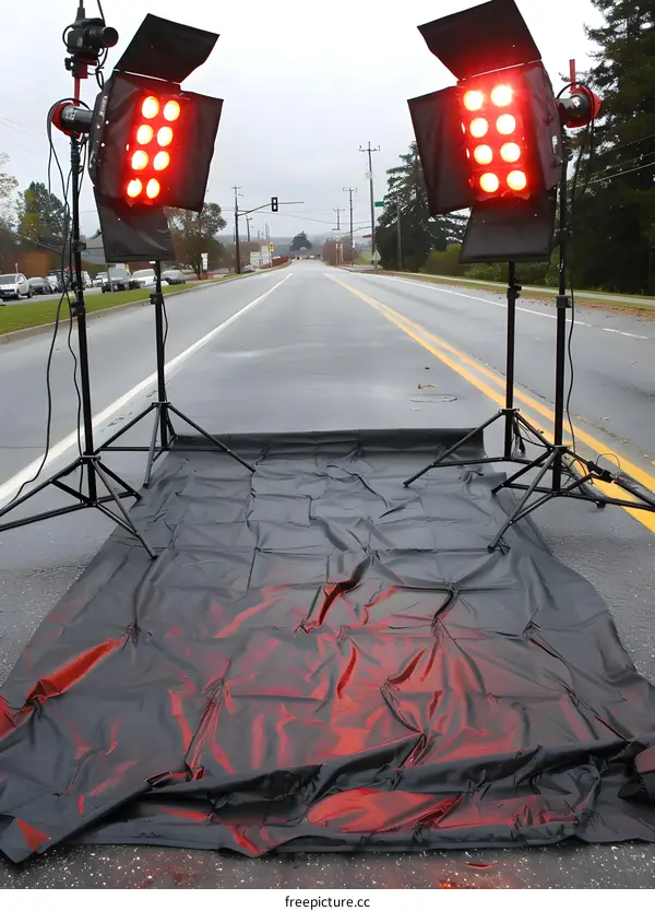 Red Lights Reflecting On Black Fabric On The Road