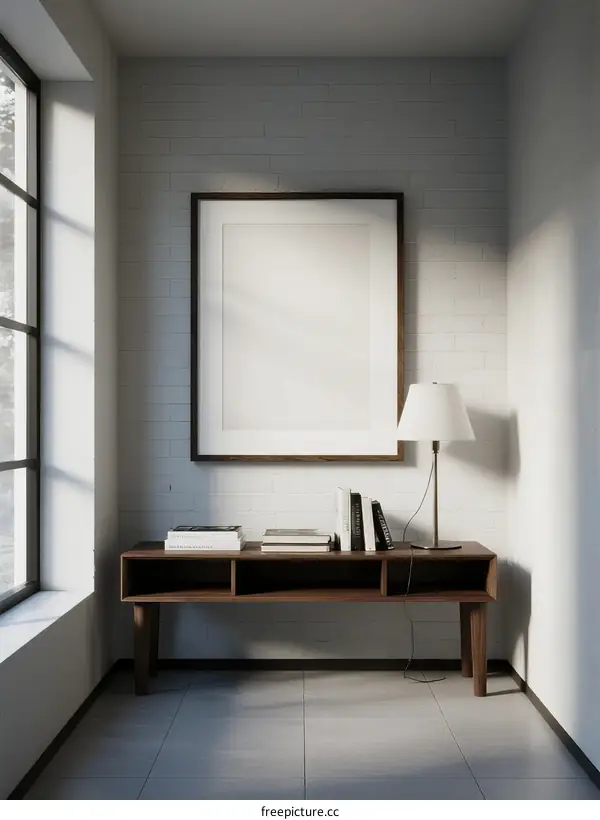 Minimalist Study Room with White Wall and Wooden Shelf
