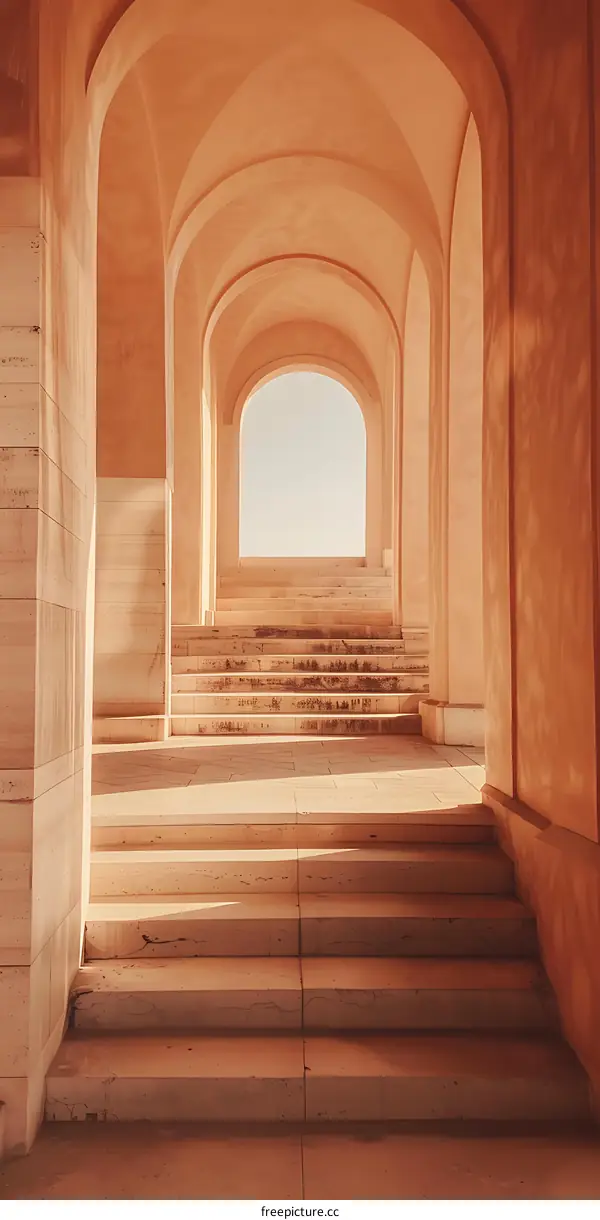 Stone Archway Leading to Staircase with Sunlight