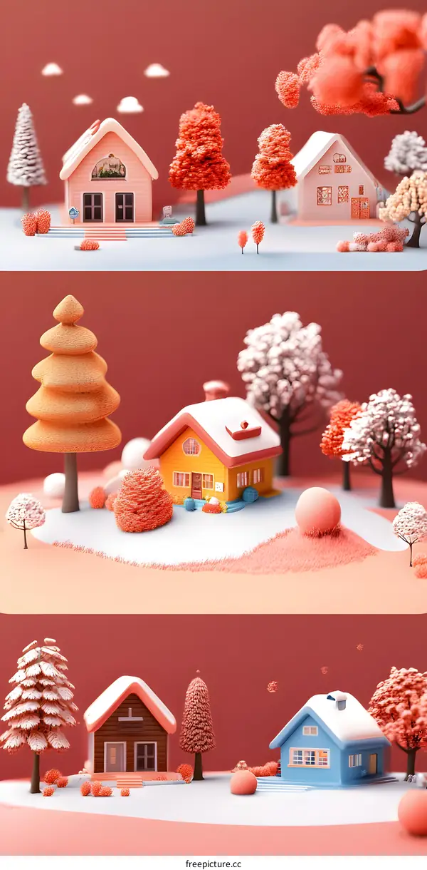 Winter Village with Colorful Houses and Snow Covered Trees
