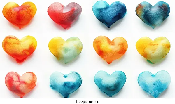 Colorful watercolor hearts