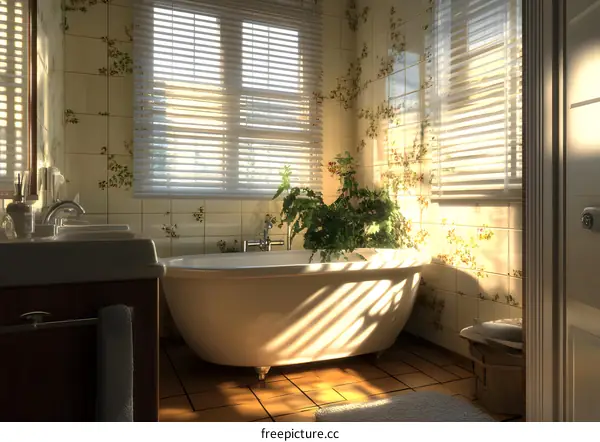 White Bathtub in a Bathroom with Floral Tile and Window Blinds