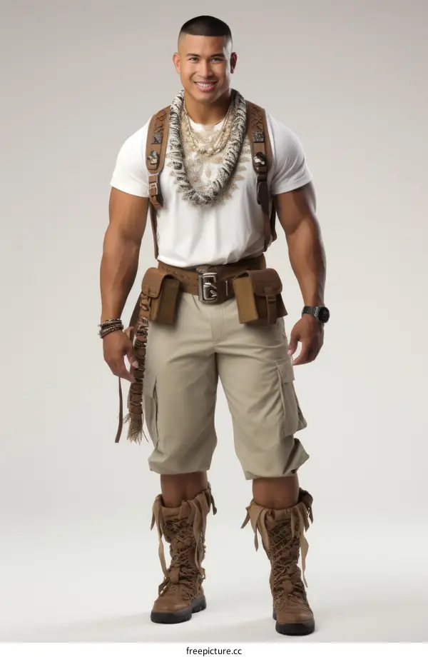 A muscular man wearing an adventurer's outfit is posing against a white background