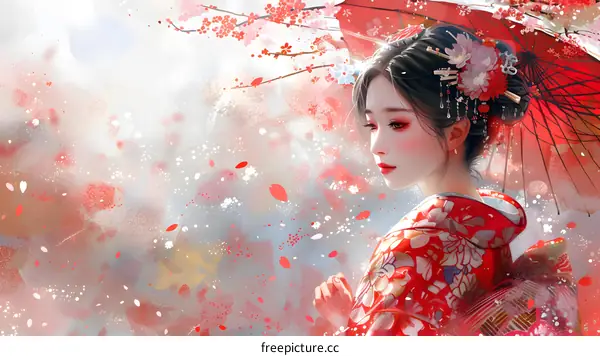 A beautiful Japanese girl in a red kimono holding a red umbrella under a cherry blossom tree.