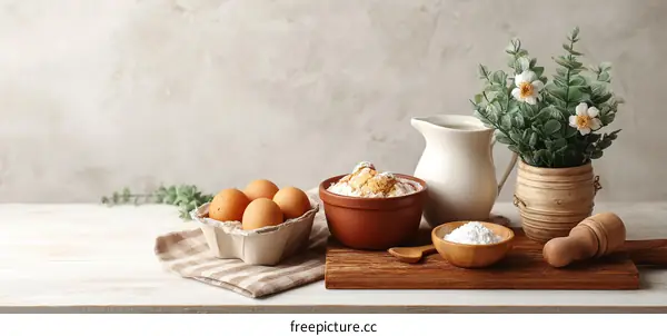 Baking ingredients displayed on a wooden table
