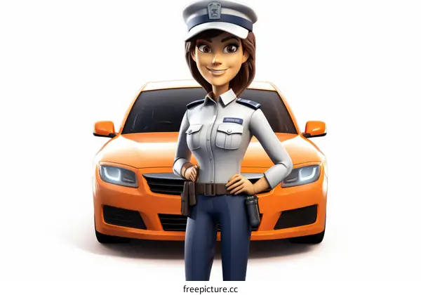 A policewoman standing in front of a car