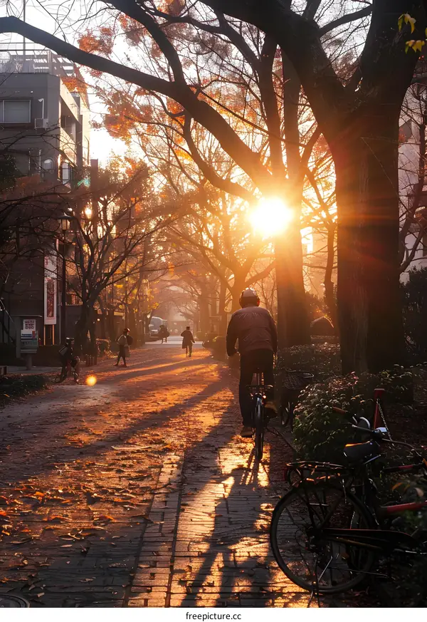 A cyclist rides past a row of trees in autumn