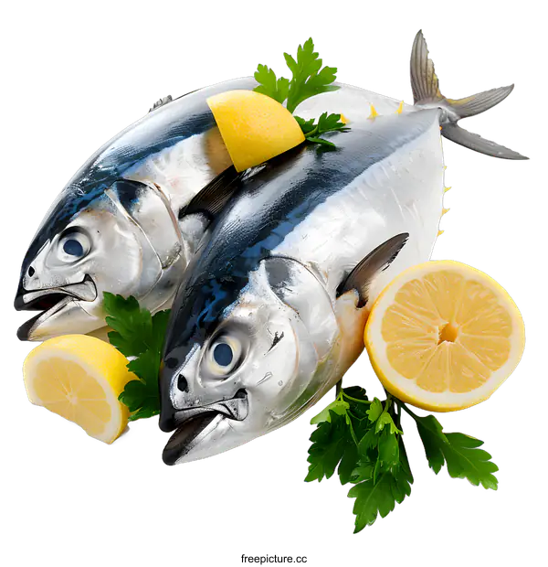 [Transparent Background PNG]Fresh Tuna Fish with Lemon and Parsley