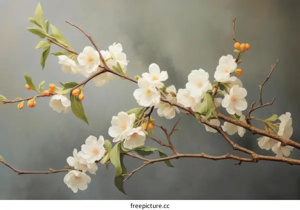 White Cherry Branches Blossom on a Gray Background