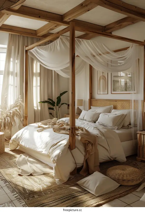 Bohemian Bedroom with Wooden Canopy Bed