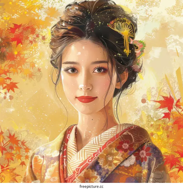 Beautiful Asian Woman in Traditional Japanese Kimono with Autumn Leaves Background