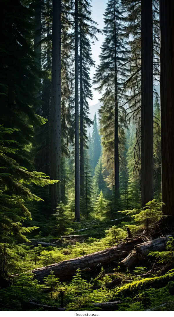 Sunlight shining through the tall tress in a dense green forest