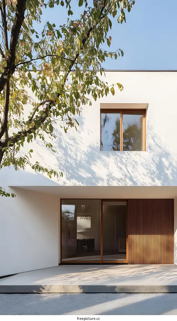 Modern House with a Wooden Wall and a Tree