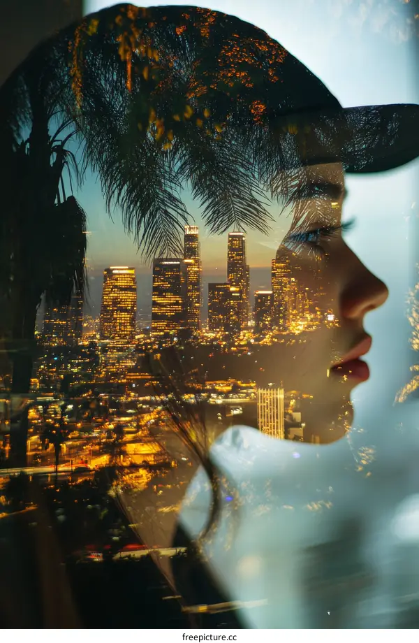 Double Exposure Cityscape Portrait of a Young Woman