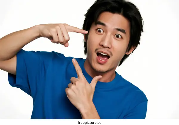 A man in blue t-shirt pointing with fingers and making a surprised expression