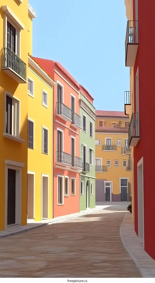 Colorful Buildings with Balconies on a Narrow Street in European City