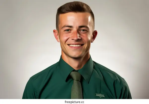 Young smiling man wearing green shirt and tie