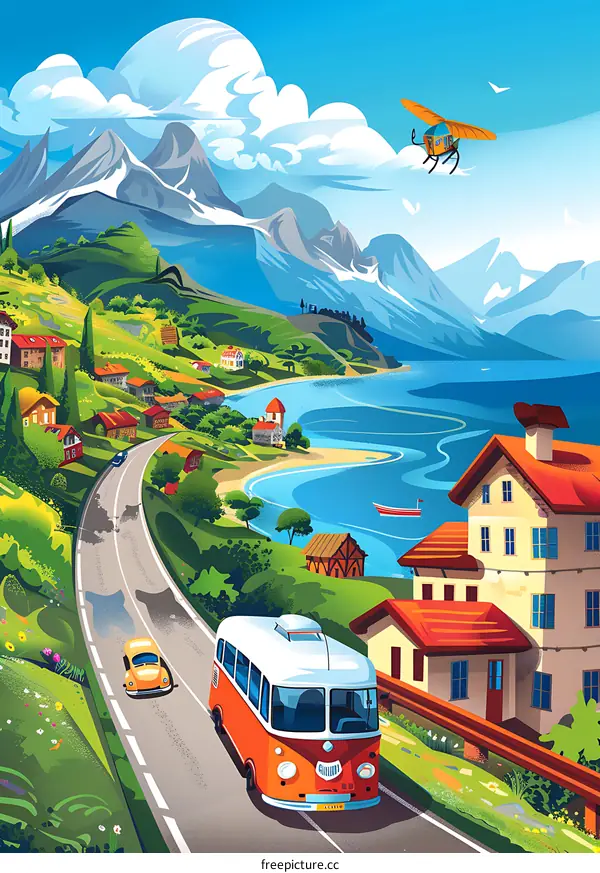 Mountain Village Scenic View with Bus and Airplane