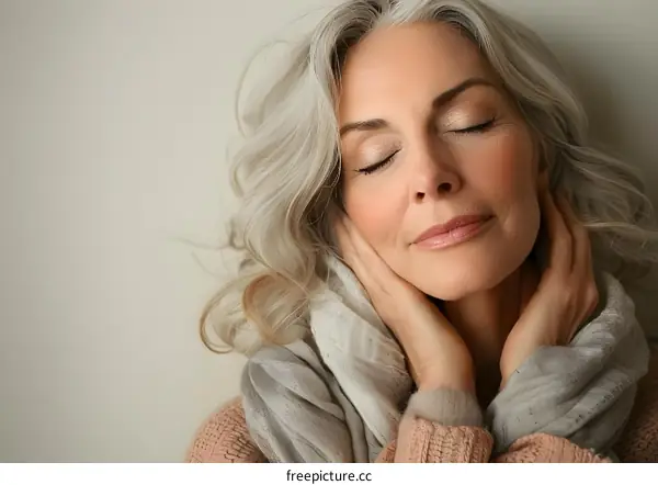Portrait of a beautiful mature woman with gray hair and closed eyes