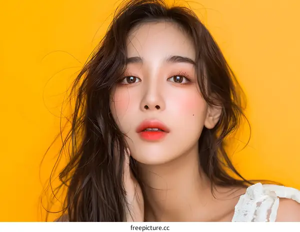 Beautiful Asian Woman With Long Brown Hair Wearing White Dress Posing Against Yellow Background