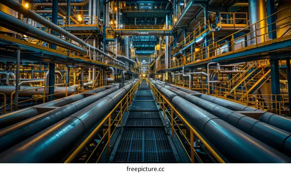 Industrial Facility Interior with Walkway and Pipes