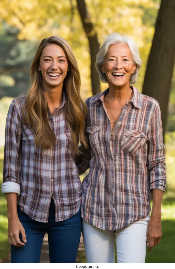 Two women, one young and one old, are walking in the park and smiling.