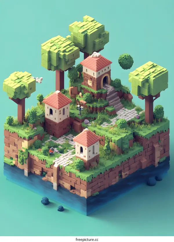 Low Poly 3D Illustration of a Small Village with Houses, Trees and a Path