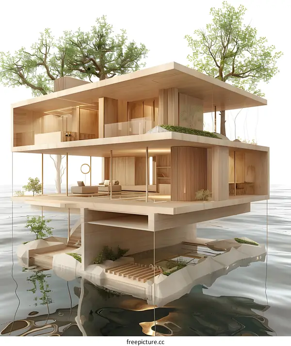 A wooden house floating on the water with trees on the roof
