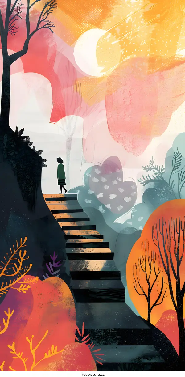 Woman Walking Up Stairs in Colorful Landscape