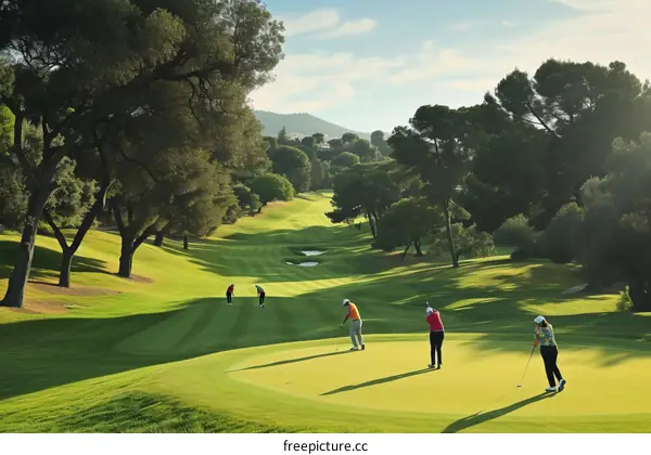 Four golfers on a golf course teeing off
