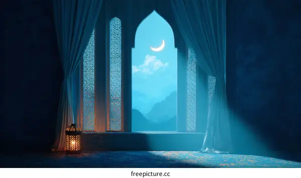 Mystical Night Window View in a Mosque