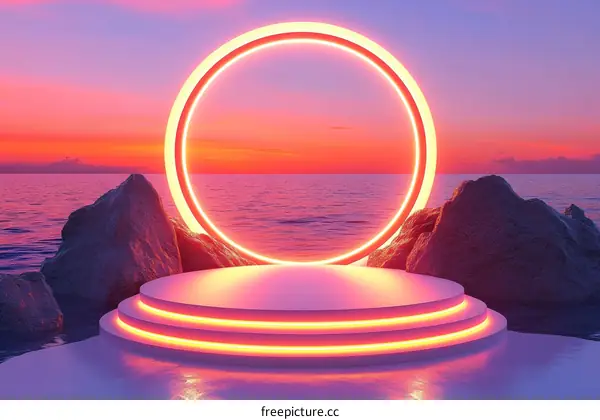 Neon Circle Stage by the Sea at Sunset