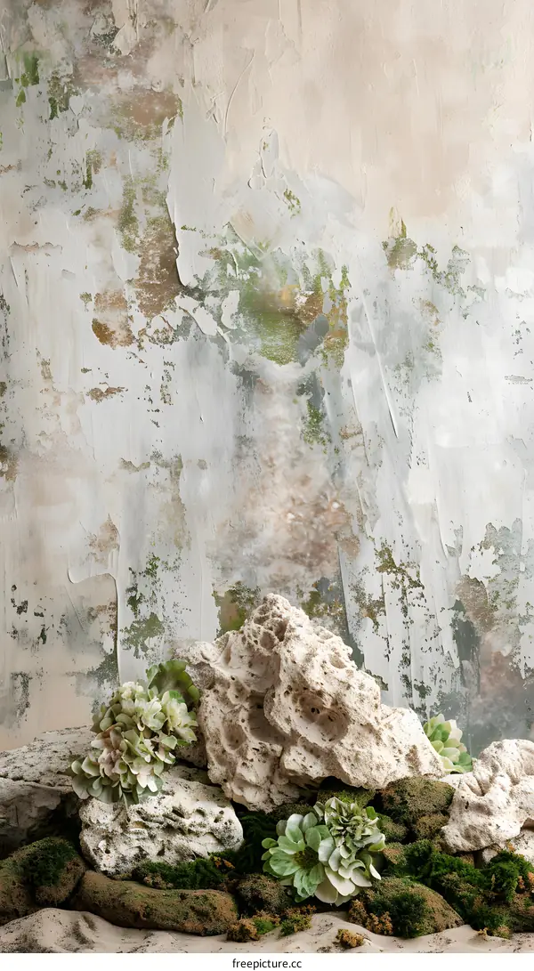 Textured Wall Background with Rocks and Green Plants