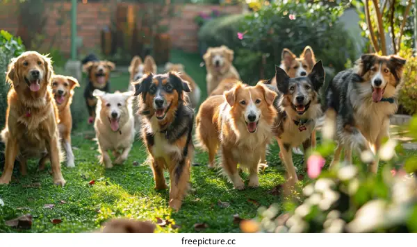 A group of dogs of different breeds are running on the grass in a backyard