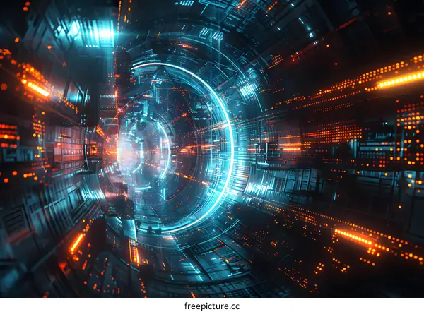 Glowing blue and orange technology tunnel