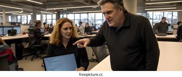 Two People Discussing Over a Laptop in Office