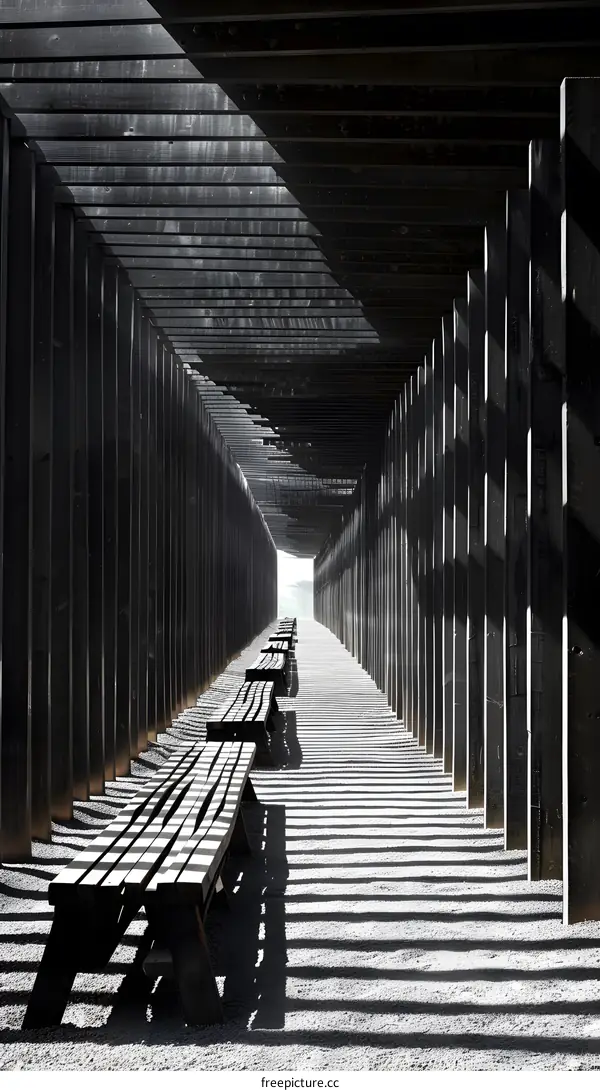 Wooden Structure With Benches And Shadows