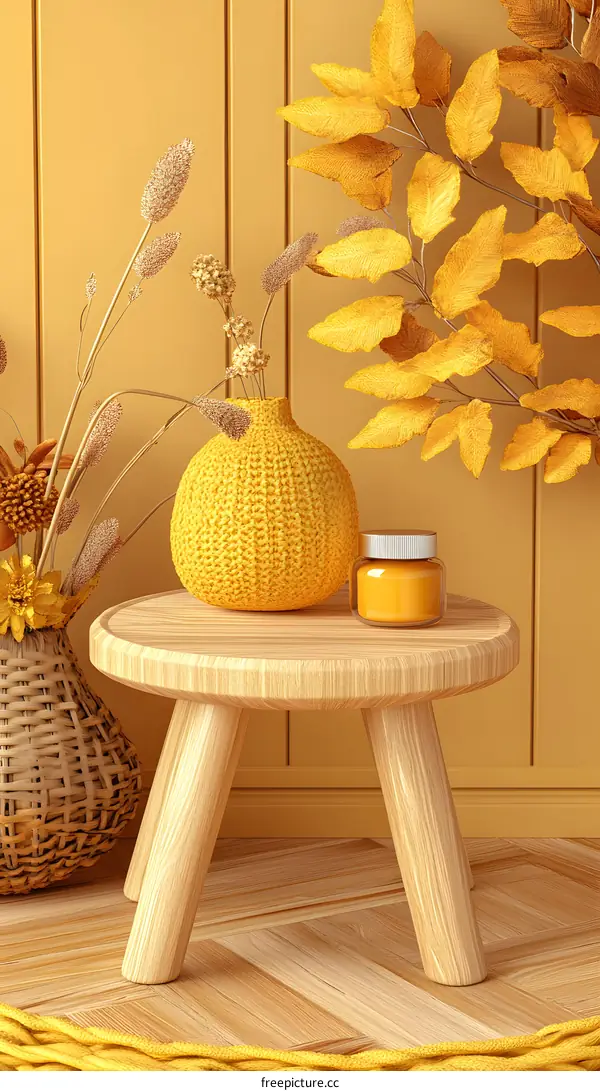 Minimalist Yellow Interior Design With Knitted Vase and Wooden Stool