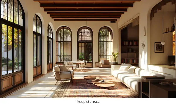 Interior Design with Arched Windows and Sunlight Streaming Through