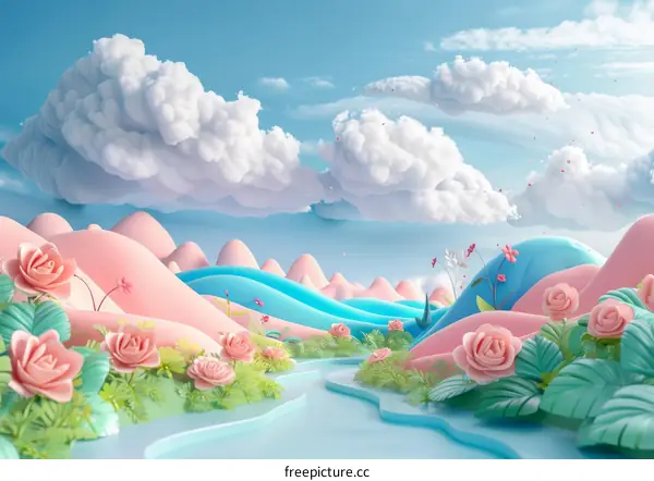 Pink and blue pastel surreal landscape with flowers and clouds