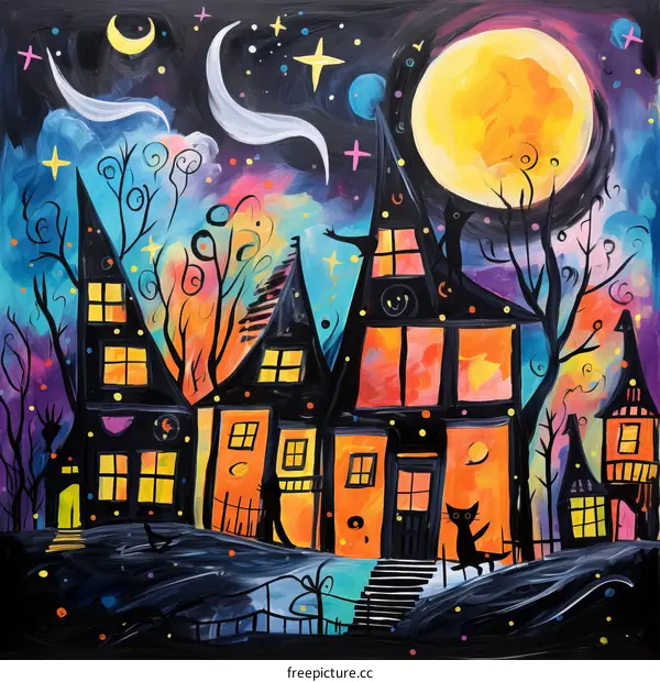 Whimsical and Colorful Haunted House Illustration