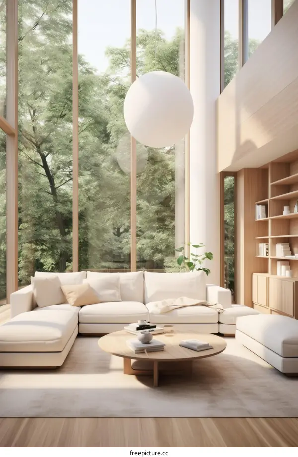Minimalist Living Room with Forest Views and Large Windows