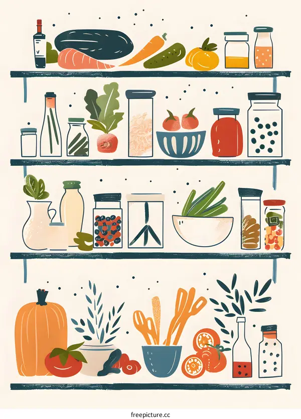 Illustration of Kitchen Pantry Shelves with Jars of Food