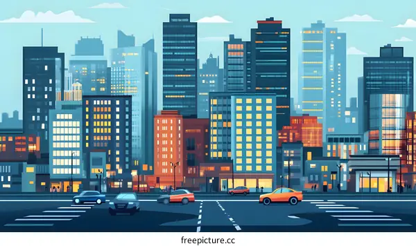 Cityscape with Skyscrapers and Cars at Sunset