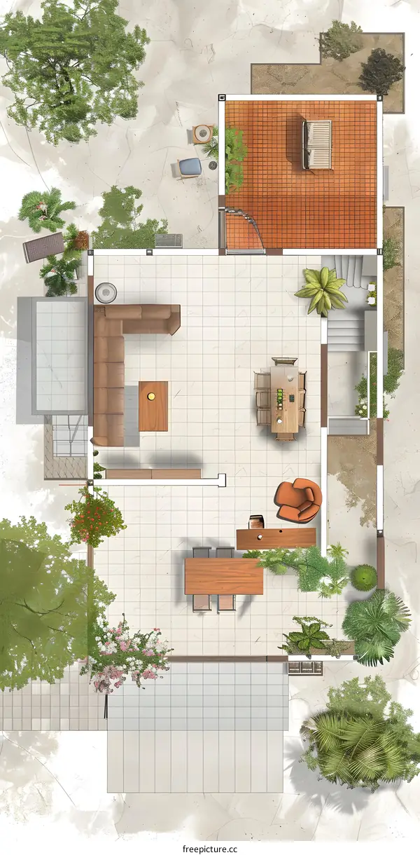 Top View Illustration of a Modern House Floor Plan with Patio and Garden