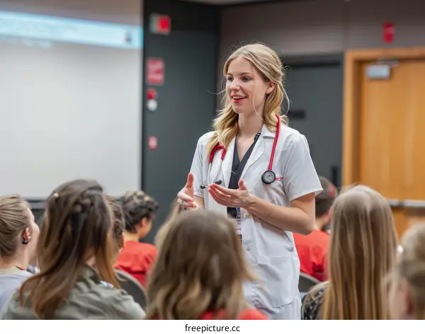 Attractive Blonde Female Doctor In A White Coat Giving A Presentation To A Group Of Teenage Girls