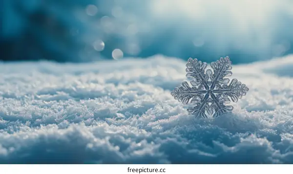A snowflake on a snowy ground with a blurred background