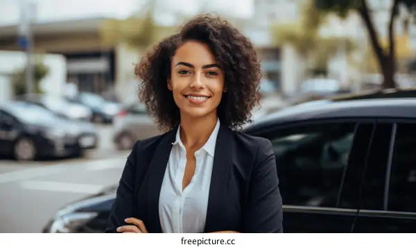 Confident young businesswoman standing next to her car
