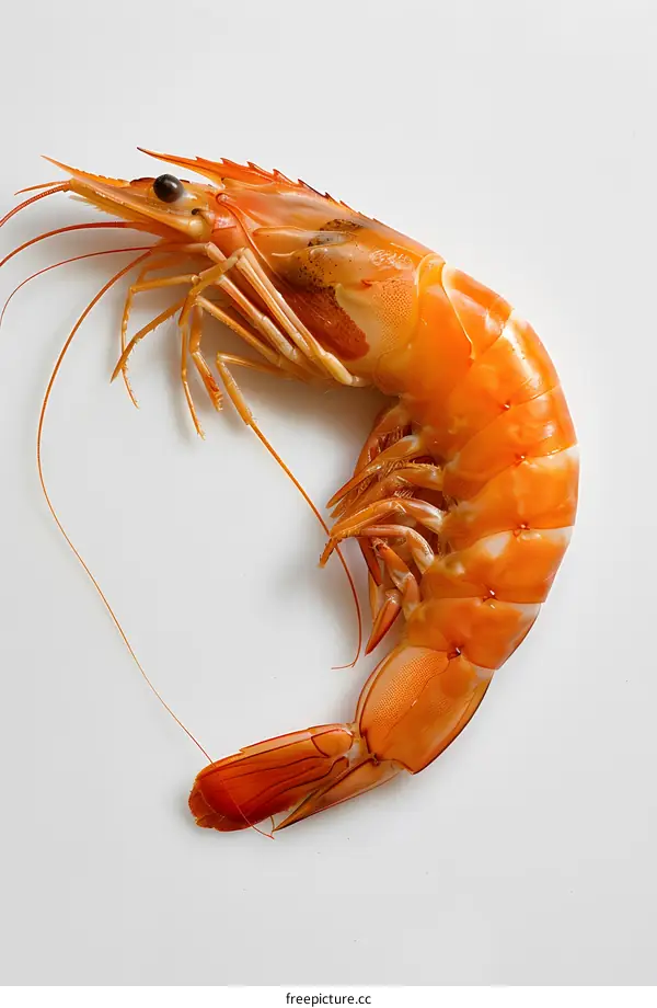 A large cooked prawn on a white background